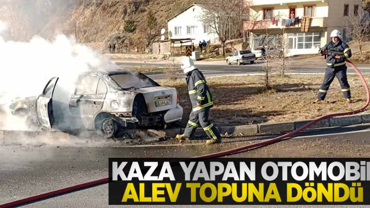 Kaza yapan otomobil alev topuna döndü