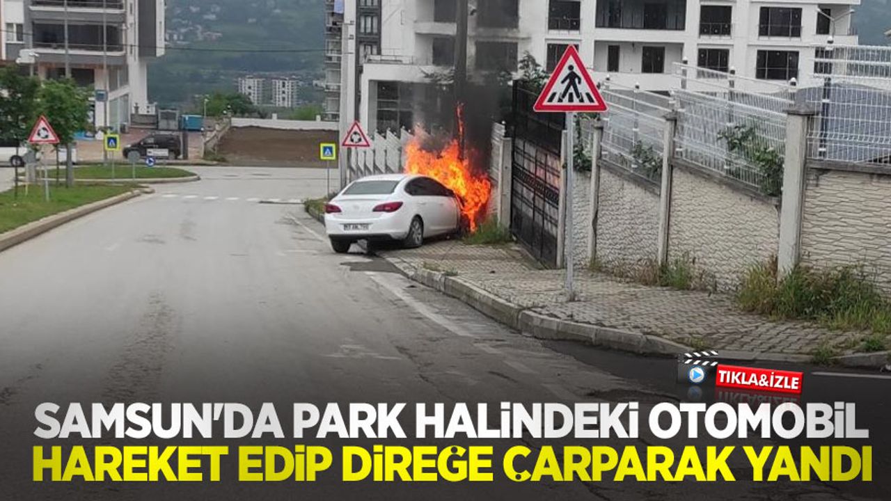 Samsun'da park halindeki otomobil hareket edip direğe çarparak yandı