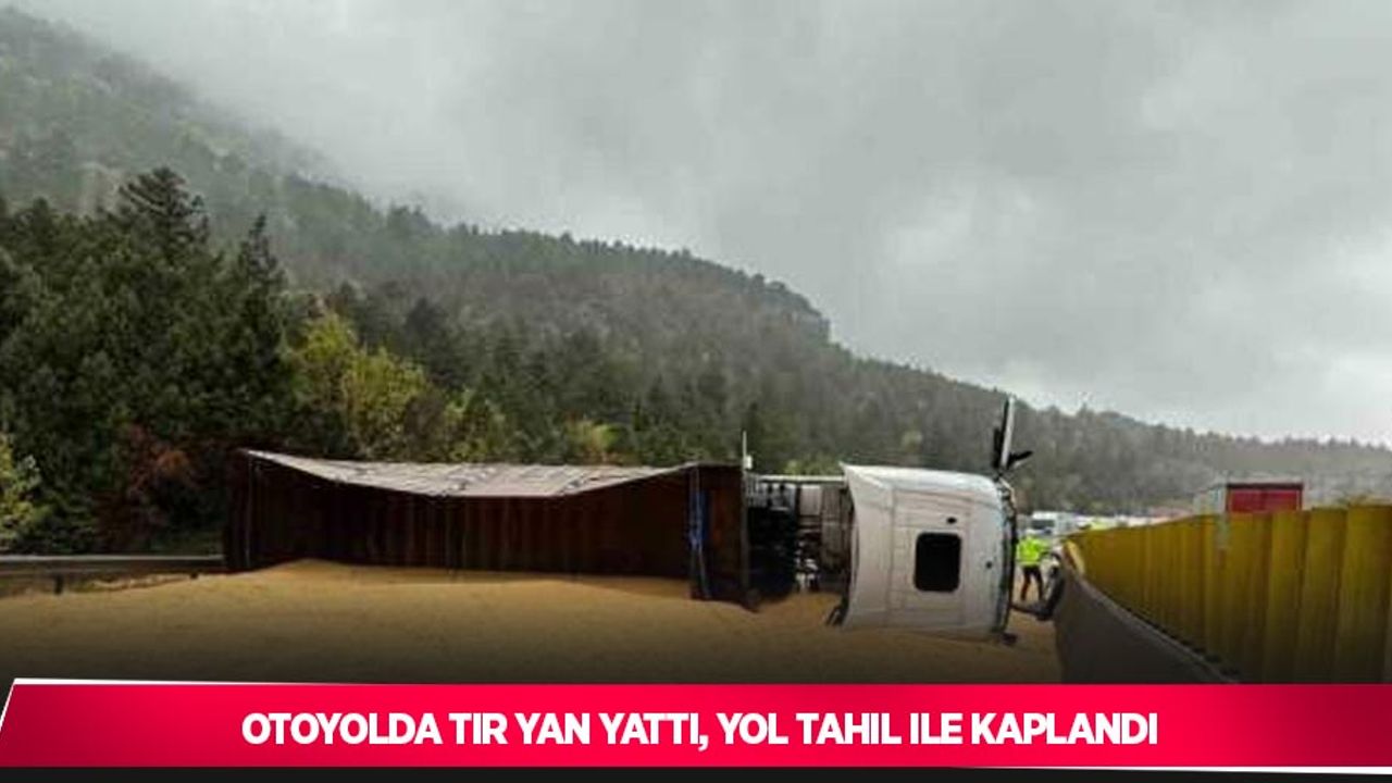 Otoyolda tır yan yattı, yol tahıl ile kaplandı