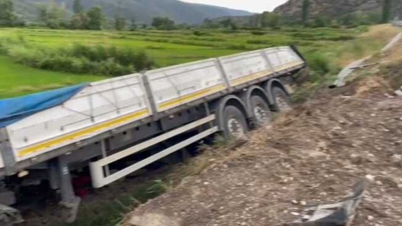 Yoldan çıkan 2 tır peş peşe çeltik tarlasına devrildi