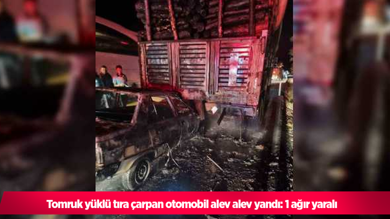 Tomruk yüklü tıra çarpan otomobil alev alev yandı: 1 ağır yaralı