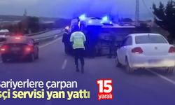 Bariyerlere çarpan işçi servisi yan yattı: 15 yaralı