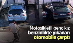 Motosikletli genç kız benzinlikte yıkanan otomobile çarptı