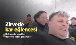 Zirvede kar eğlencesi: Bidonlarla kaydılar, traktörle kızak çektirdiler
