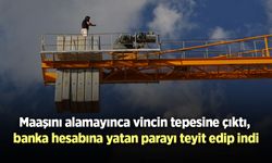 Maaşını alamayınca vincin tepesine çıktı, banka hesabına yatan parayı teyit edip indi
