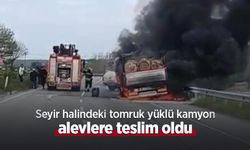 Seyir halindeki tomruk yüklü kamyon alevlere teslim oldu