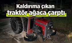 Kaldırıma çıkan traktör ağaca çarptı