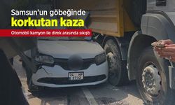 Samsun’un göbeğinde korkutan kaza: Otomobil kamyon ile direk arasında sıkıştı