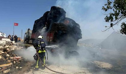 saman yüklü tır alev alev yandı