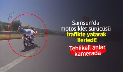 Samsun'da motosiklet sürücüsü trafikte yatarak ilerledi! Tehlikeli anlar kamerada