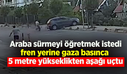 Sürücü eğitim alanında park etmek isterken fren yerine gaza bastı; boş araziye uçtu