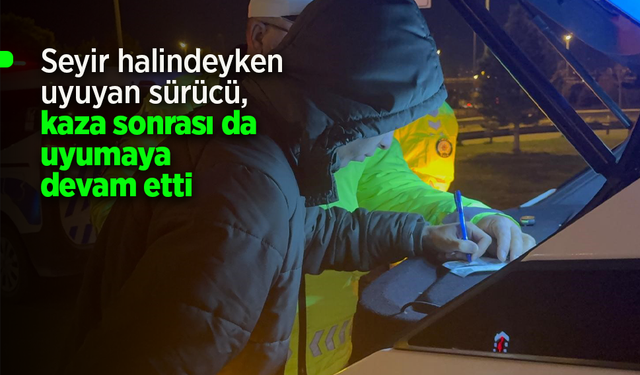 Seyir halindeyken uyuyan sürücü, kaza sonrası da uyumaya devam etti.