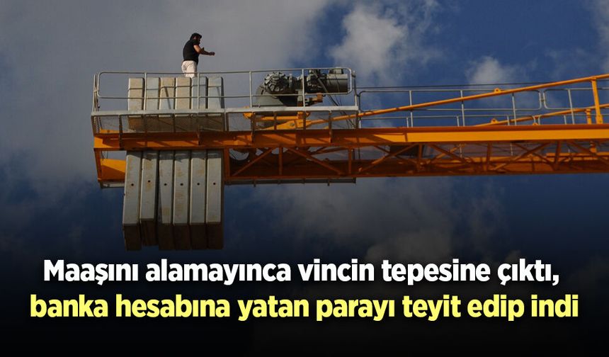 Maaşını alamayınca vincin tepesine çıktı, banka hesabına yatan parayı teyit edip indi