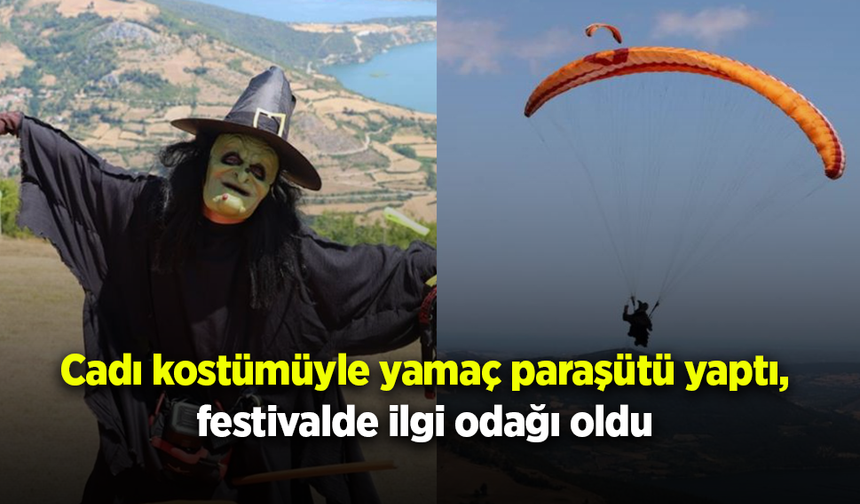 Cadı kostümüyle yamaç paraşütü yaptı, festivalde ilgi odağı oldu