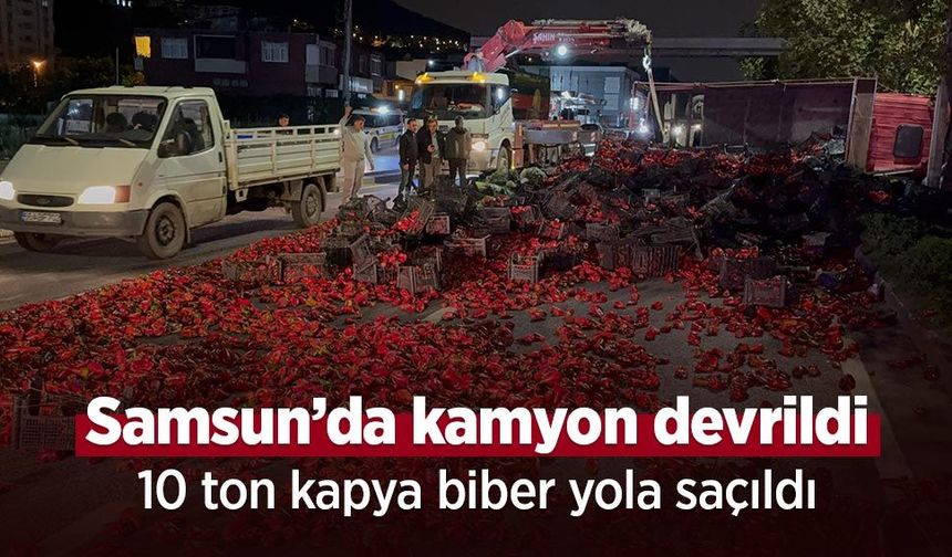 Samsun’da kamyon devrildi: 10 ton kapya biber yola saçıldı